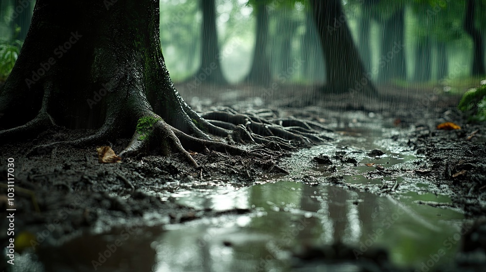 Poster close up of tree roots in a muddy forest path after a rain shower.