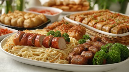 Filipino 'Media Noche' feast, variety of traditional Filipino dishes like pancit and lumpia on a white tablecloth