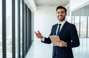 Fototapeta premium Portrait of a happy and successful realtor, businessman and real estate agent presents a new home or office. His role as a consultant highlights expertise in the real estate market.
