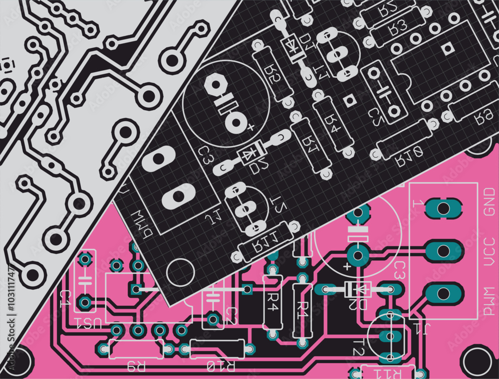 Poster electric background. vector pcb pattern. printed circuit board of electronic device with components 