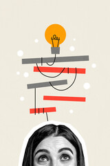 Vertical photo collage of cunning girl peek light bulb idea thought finding business solution...