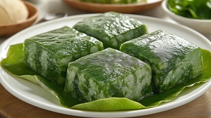 Vietnamese 'Banh Chung' for Lunar New Year, square sticky rice cake wrapped in leaves, served on a white plate