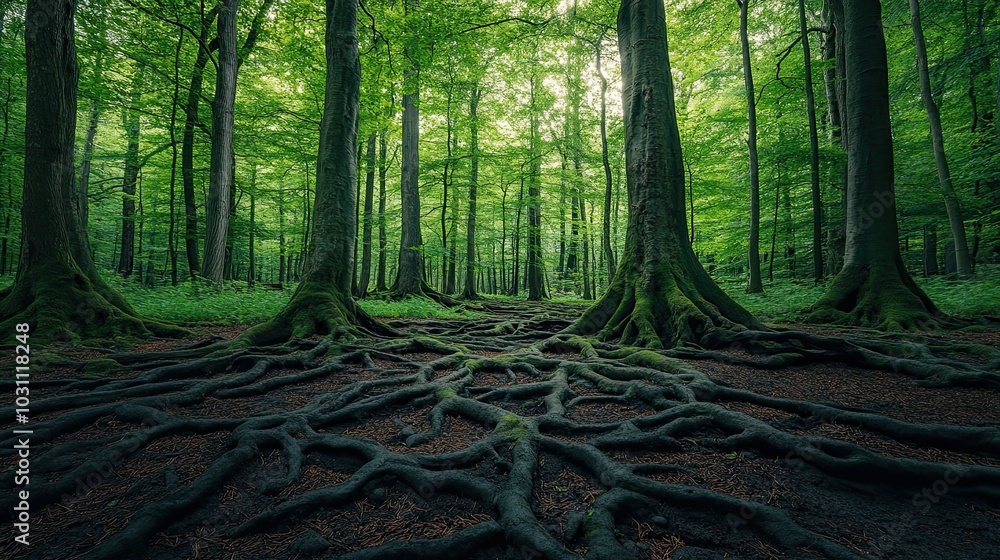 Poster a dense forest with a network of exposed roots in the foreground, sunlight filtering through the tre