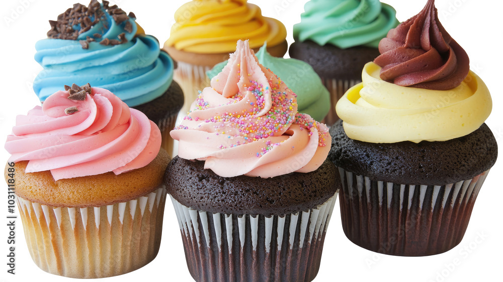 Poster delightful assortment of colorful cupcakes on a white background generative ai