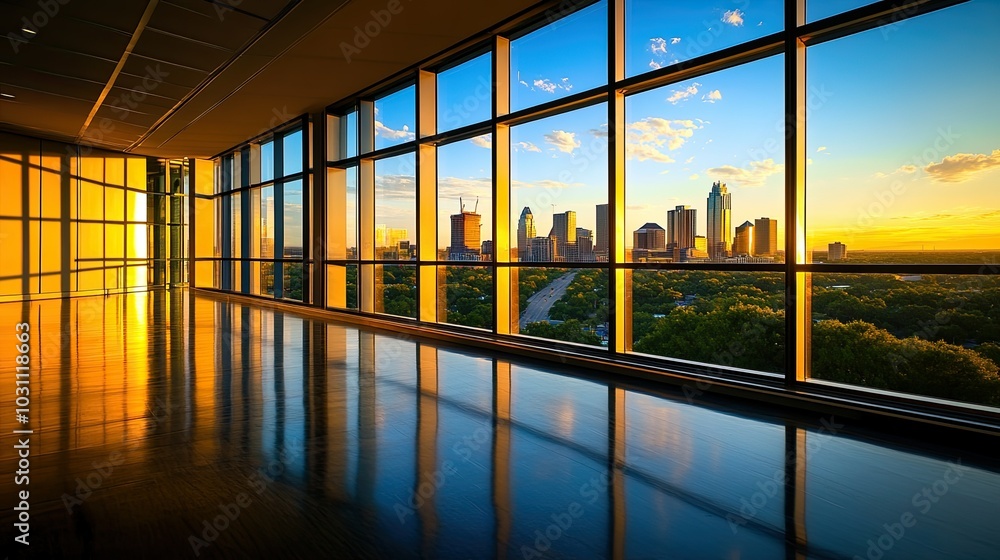 Poster A panoramic view of a city skyline from a large window in a modern building.