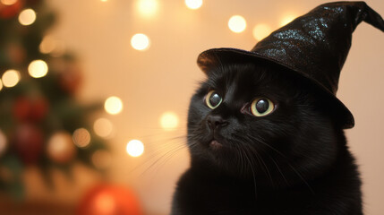 Black cat wearing a witch hat with glowing bokeh lights in the background, AI