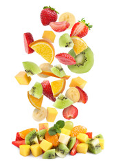 Tasty fruit salad. Fresh ingredients falling on white background