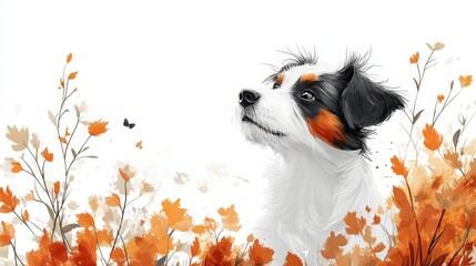 Whistlerian Border Terrier Clip Art in Carved Book Style for Planners and Labels with Snapshot Aesthetic and Massurrealism Touch, White and Amber Tones for English Majors' Calming Designs.