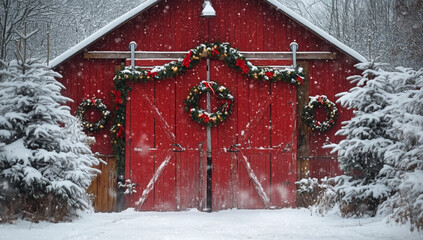 Festive red barn in winter, covered snow
