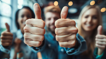 Diverse group of business professionals poses for a portrait in an office, showing thumbs-up gestures symbolizing corporate achievements, victory and support. Men and women come together