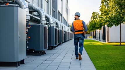 HVAC Technician Inspects Cooling Systems Outdoors