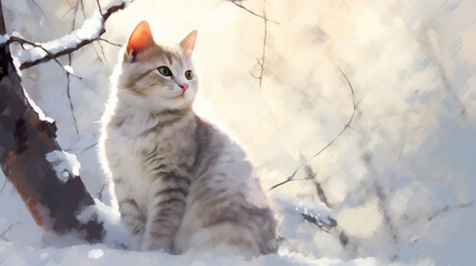 Obraz premium Fluffy cat sitting in snowy park under soft winter sunlight, AI Generation