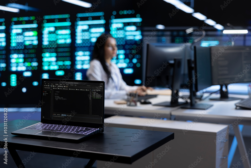 Poster focus on laptop in front of data center employees in blurry background looking for firewall misconfi