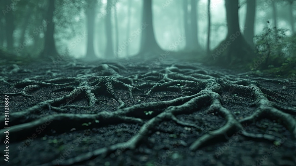 Poster a close-up view of tree roots in a misty forest. the roots are thick and gnarled, and they spread ou