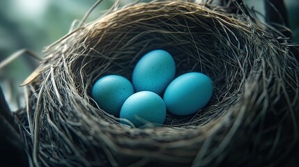 Obraz premium Four blue bird eggs nestled in a woven nest of twigs.