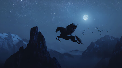 Fototapeta premium A sleek black pegasus flying over a moonlit rugged mountain landscape stars twinkling above. Moonlit Pegasus. Illustration