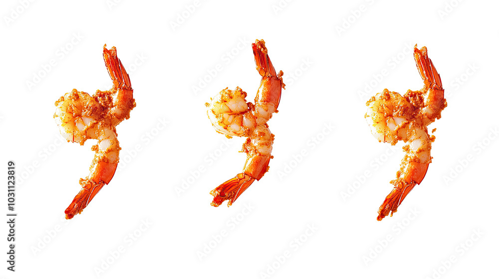 Poster cooked shrimps arranged in a collection on a white background generative ai
