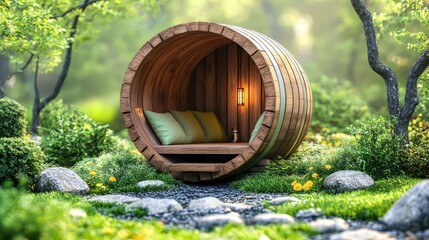 Wooden Barrel Relaxation Nook, Cozy Outdoor Retreat Surrounded by Natures Tranquility.