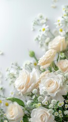 Obraz premium A delicate bouquet of white roses and baby’s breath flowers on a light background, symbolizing purity and elegance
