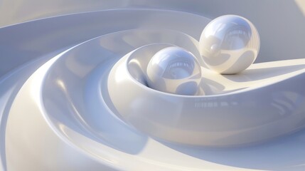 Three dimensional render of two spheres rolling down spiral