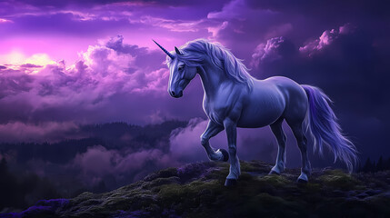 Naklejka premium A majestic silver unicorn with a blue mane and tail stands on a mossy hill in a dark forest with a purple sky. Silver Unicorn. Illustration