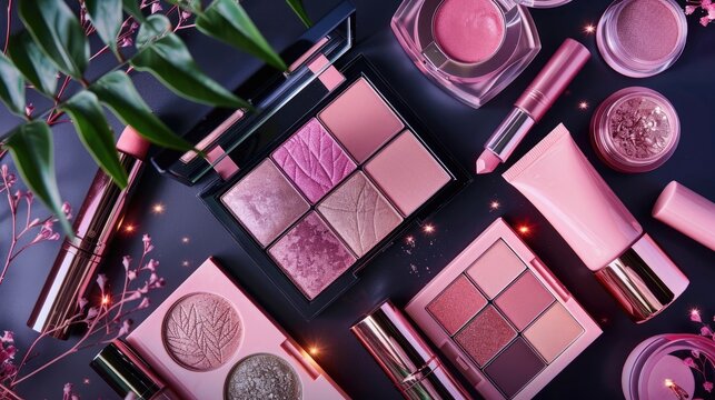 top view of makeup cosmetics set Banner of woman's cosmetics on background. Decorative cosmetics highlighter, concealer, rouge, palette with eye shadows other cosmatic products