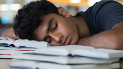 A young student is sleeping with his head on open textbooks, showing exhaustion after studying in warm evening light