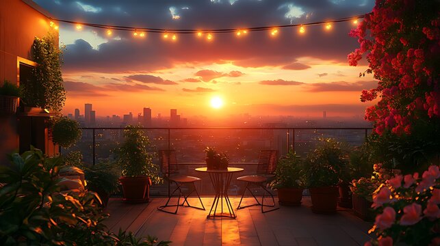 A romantic rooftop terrace with a cityscape view and sunset, perfect for enjoying a relaxing evening with a loved one.