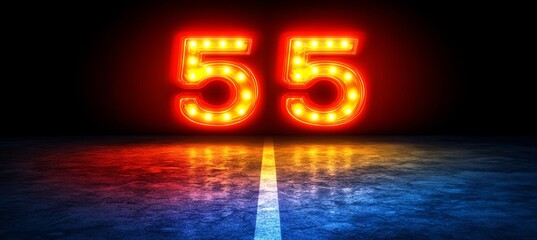 Illuminated Retro Number 55 On Concrete Floor With Reflection And Split Tone Red And Blue Lighting