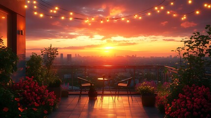 Naklejka premium A romantic rooftop balcony with a stunning sunset view over the city. Two chairs and a table are set up for enjoying the view, with string lights adding to the ambiance.