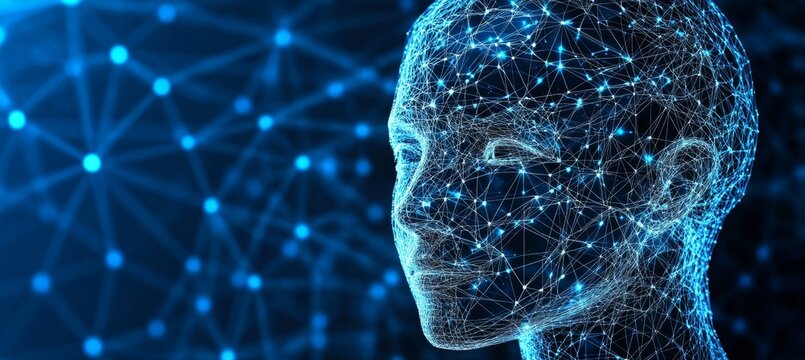 Abstract Glowing Blue Polygon Wireframe Head Profile, Artificial Intelligence and Technology