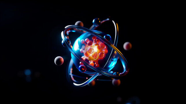 Structure of an atom with a nucleus and electrons around it. Dark background, blue and warm colors
