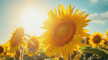 Obraz premium A close-up of a sunflower facing the sun in a field of sunflowers.