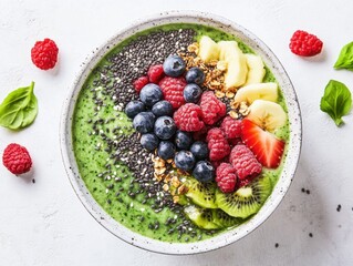 A vibrant smoothie bowl topped with fresh fruits and seeds, featuring a variety of colorful...