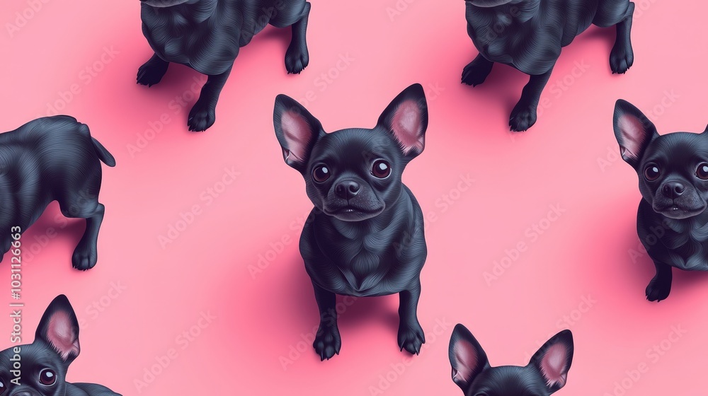 Poster whimsical chihuahua shadow pattern on minimalist pink background in isometric view