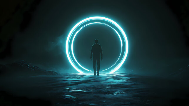 A person passes through a glowing circle of a teleporter or time-travel portal, dark background, futuristic concept. Teleportation Portal. Illustration