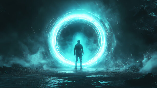 A person passes through a glowing circle of a teleporter or time-travel portal, dark background, futuristic concept. Teleportation Portal. Illustration