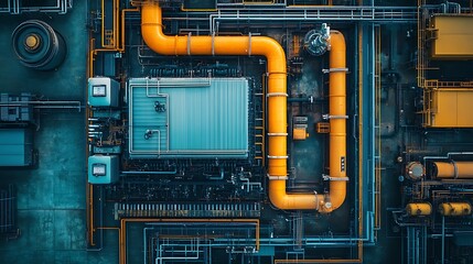 Fototapeta premium An aerial view of a hydrogen fuel cell installed in an industrial power plant, with pipes and energy monitoring equipment surrounding it. 