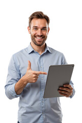 Smiling man pointing at a tablet, concept for digital solutions. Isolated on transparent background