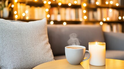 Cozy coffee moment with a candle in a warmly lit room, AI