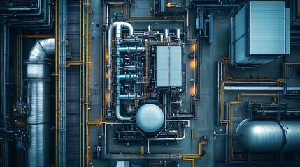 An aerial view of a hydrogen fuel cell installed in an industrial power plant, with pipes and energy monitoring equipment surrounding it. 