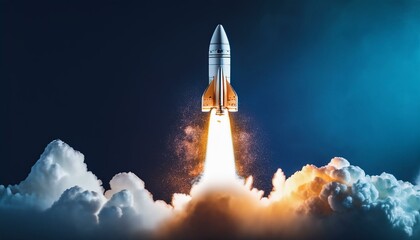 Fototapeta premium A space rocket launching with a burst of flames and smoke on a dark blue background, displaying the concept of innovation and exploration. Generative AI