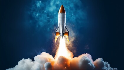 A space rocket launching with a burst of flames and smoke on a dark blue background, displaying the concept of innovation and exploration. Generative AI