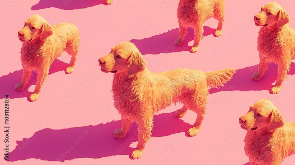 Poster playful golden retriever shadow pattern on minimalist pink background in isometric view with humorou
