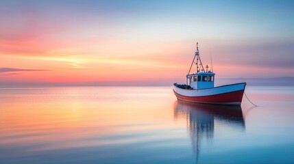 Fototapeta premium A small fishing boat sits at anchor in the calm waters of a bay at sunrise. The sky is a vibrant mix of pink, orange, and blue.
