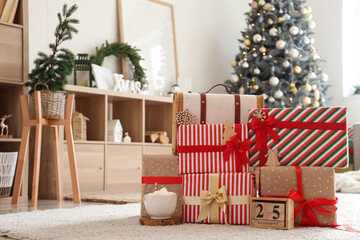 Christmas presents with cup of cocoa in living room