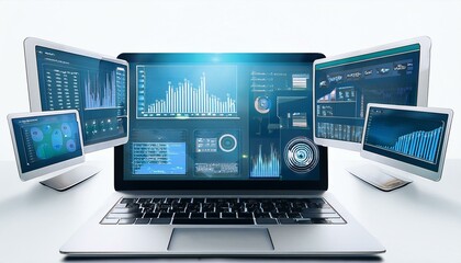 A graphic display of data analytics on floating screens above a laptop, with a white background, symbolizing digital analysis