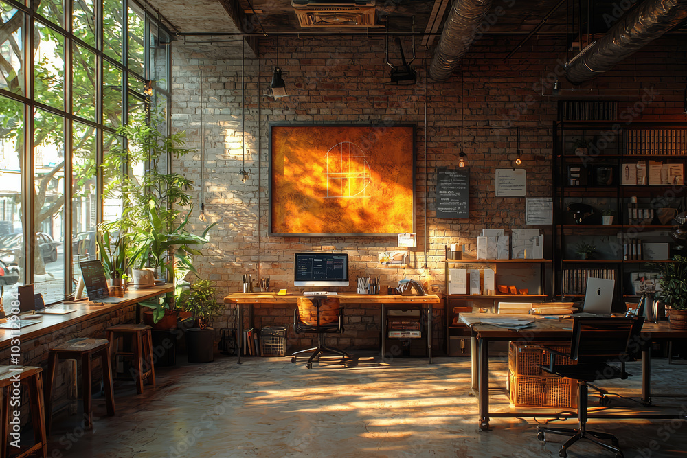 Poster a coworking space filled with remote workers, using technology to work independently but in a shared