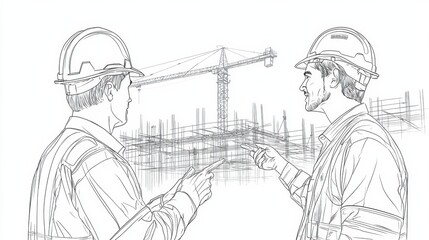 Construction Site With Crane and Workers Discussing Blueprint Plans