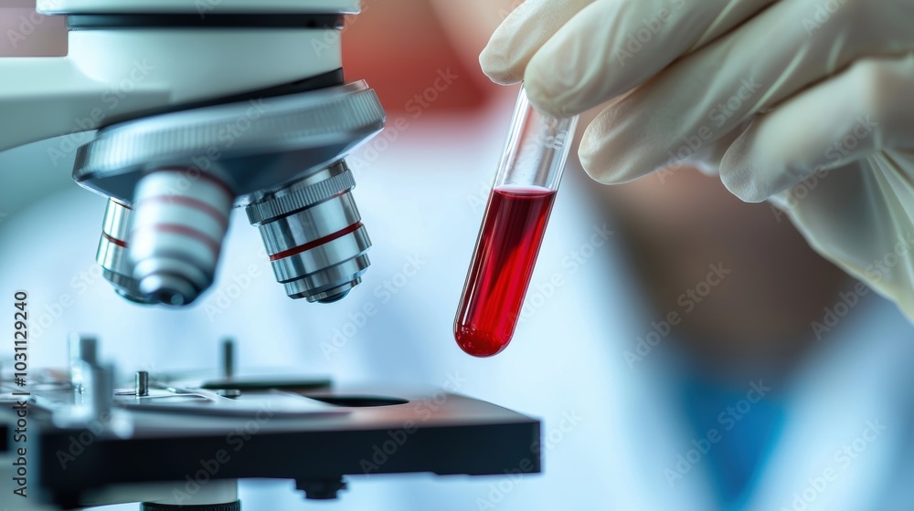 Poster close up of scientist conducting lab experiment with microscope in research laboratory
